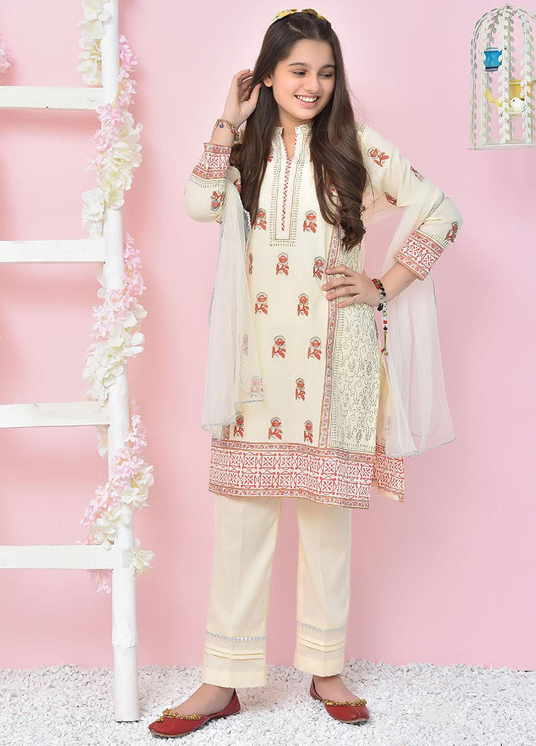 Ochre Cotton Girls 3 Piece - OFK-776 Cream