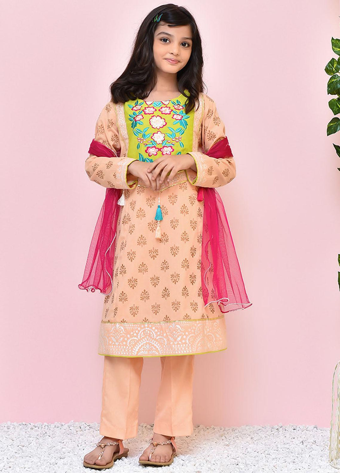 Ochre Cotton 3 Piece for Girls - OFK-784 Peach