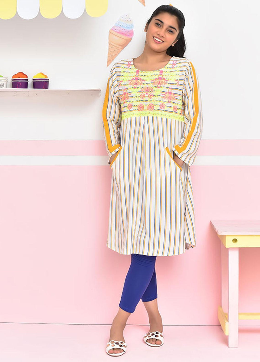Ochre Cotton Girls Top - OFK-788 Off White