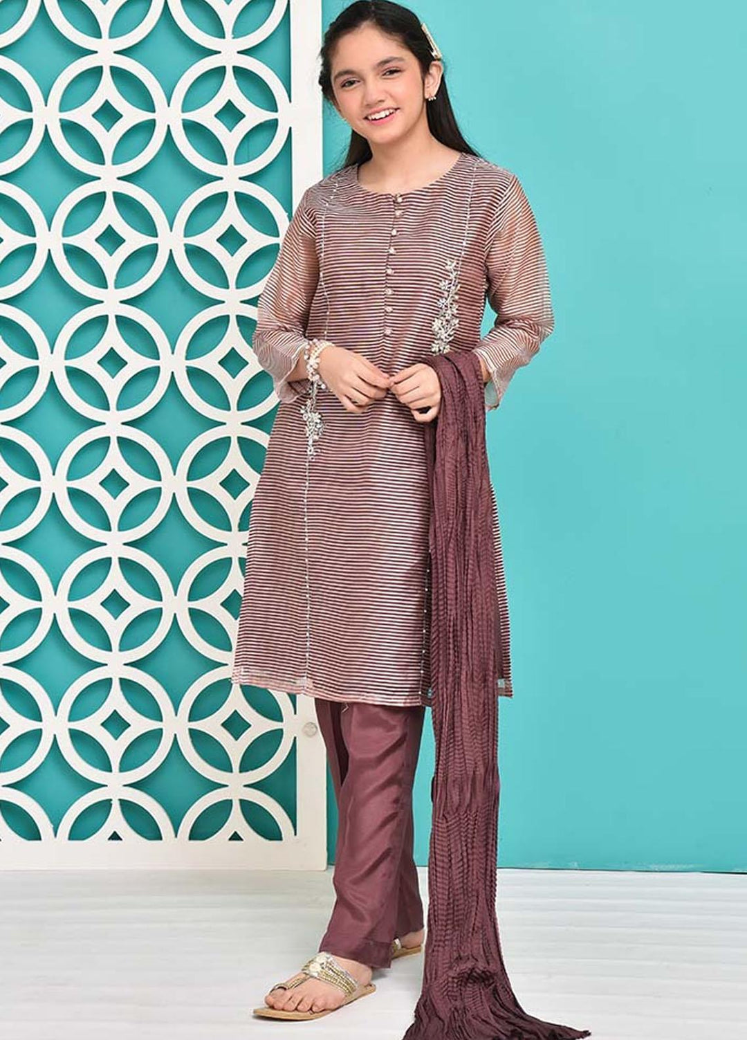 Ochre Organza 3 Piece for Girls - OFW-335 Brown OL-16776