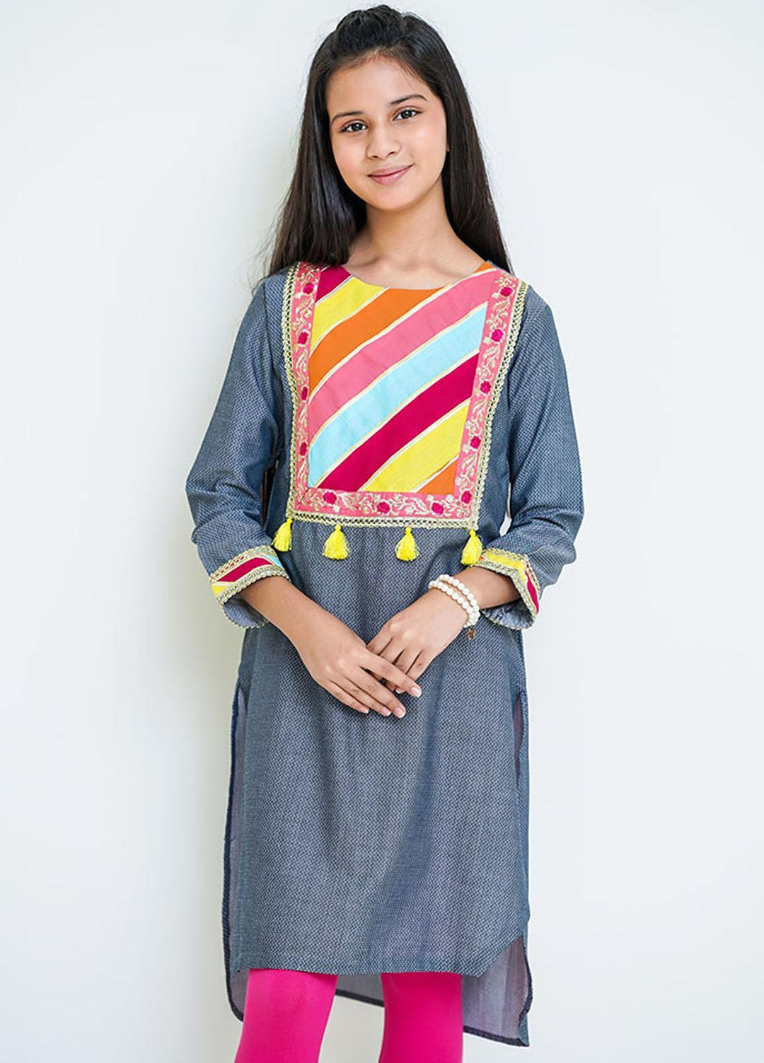 Ochre Chambray Top for Girls - OFK-813 GREY