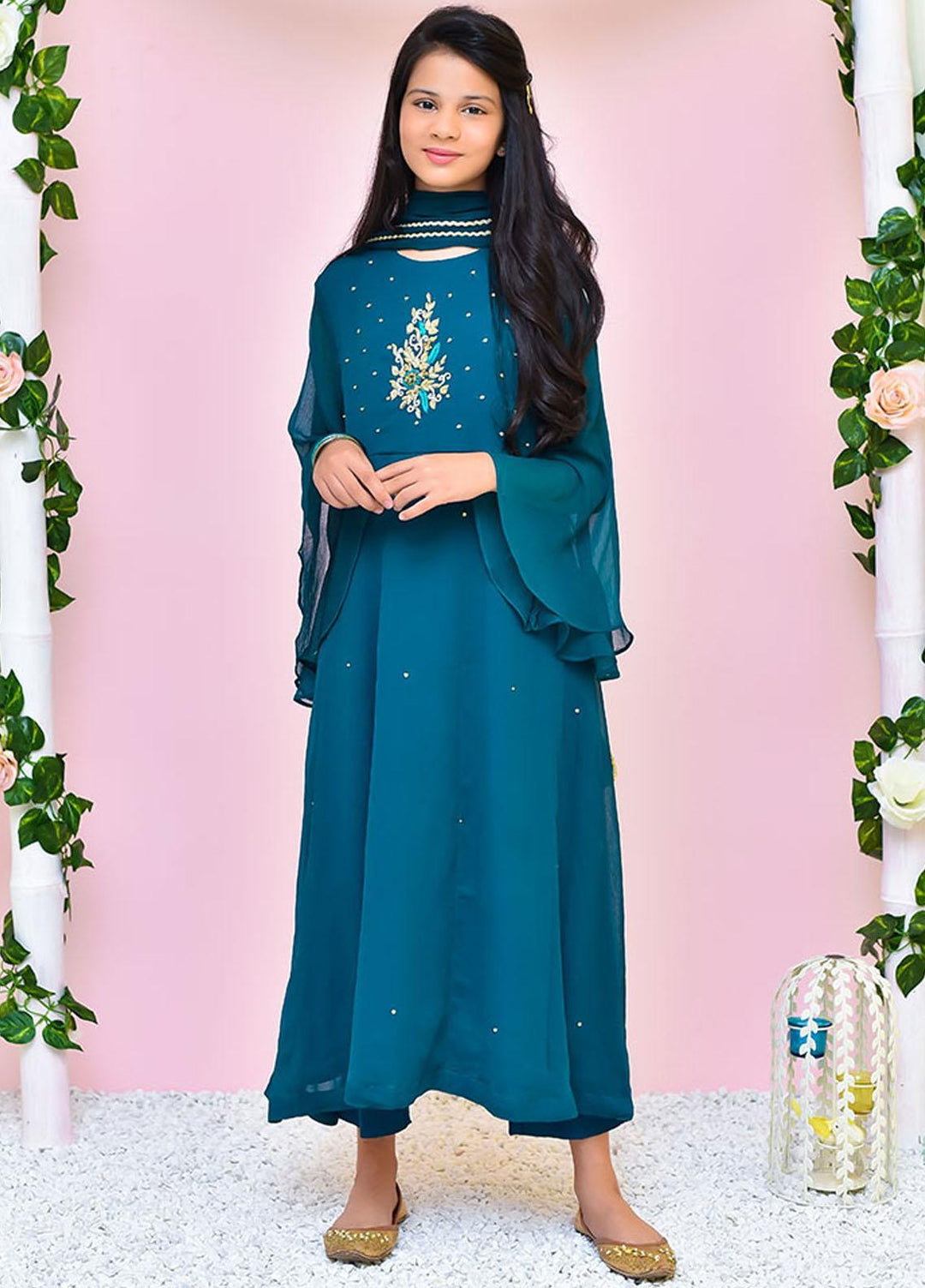 Ochre Chiffon 3 Piece for Girls - OFW-354 Emrald Green