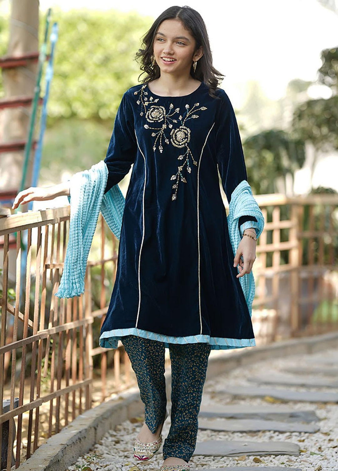 Ochre Velvet 3 Piece for Girls - OVF-18 Teal Blue