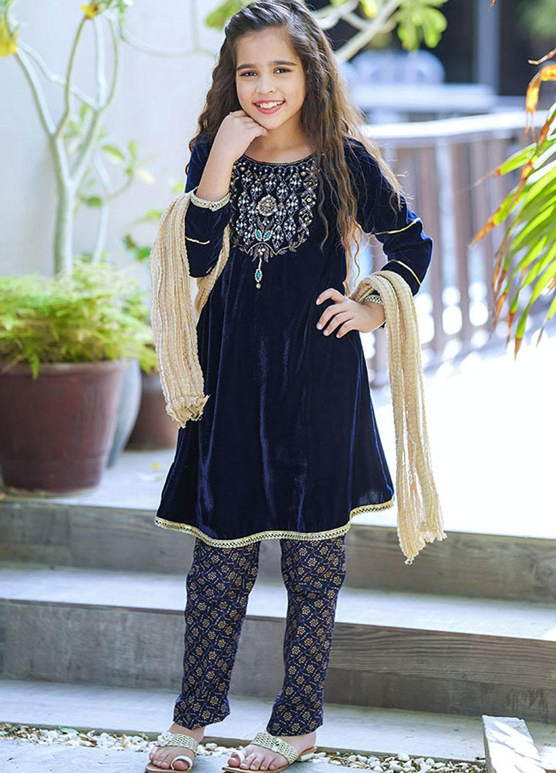 Ochre Velvet 3 Piece for Girls - OVF-21 Navy
