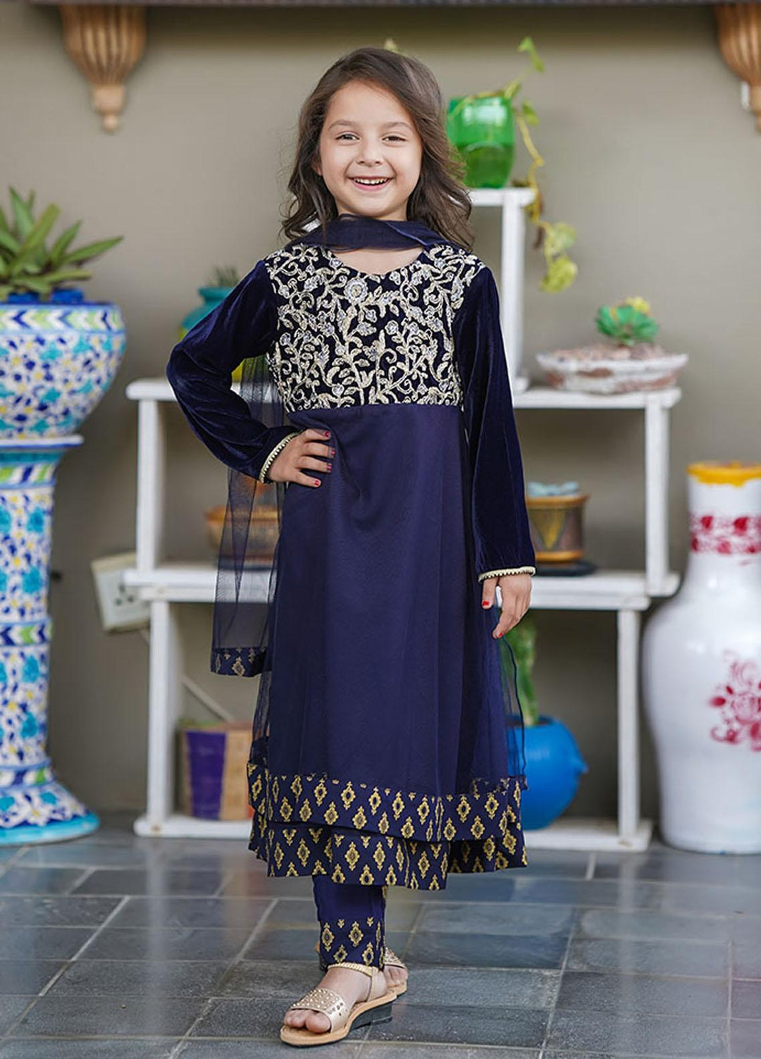Ochre Velvet Girls 3 Piece - OVF-23 Navy