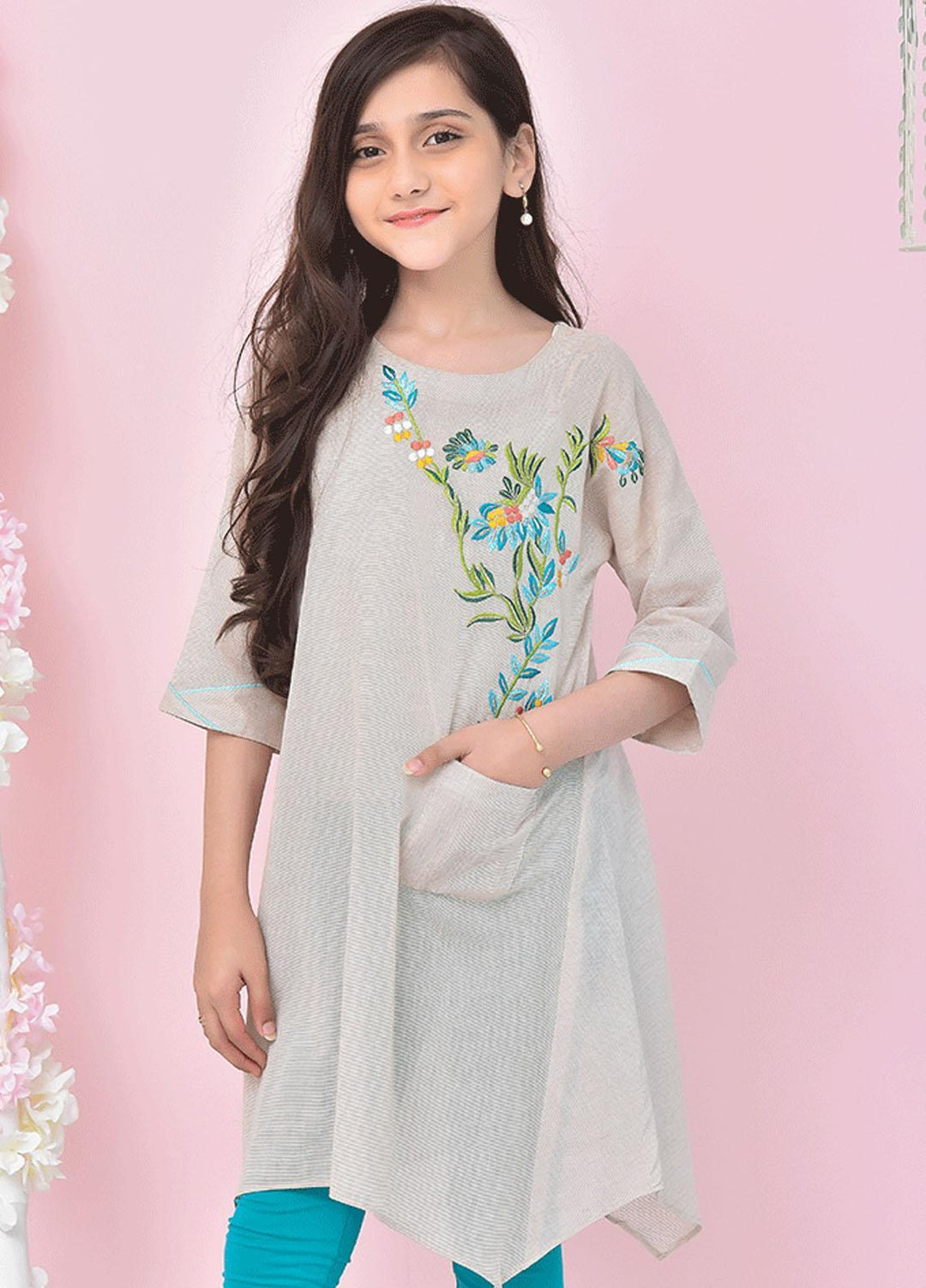Ochre Chambray Girls Kurti - OFK-778 Beige