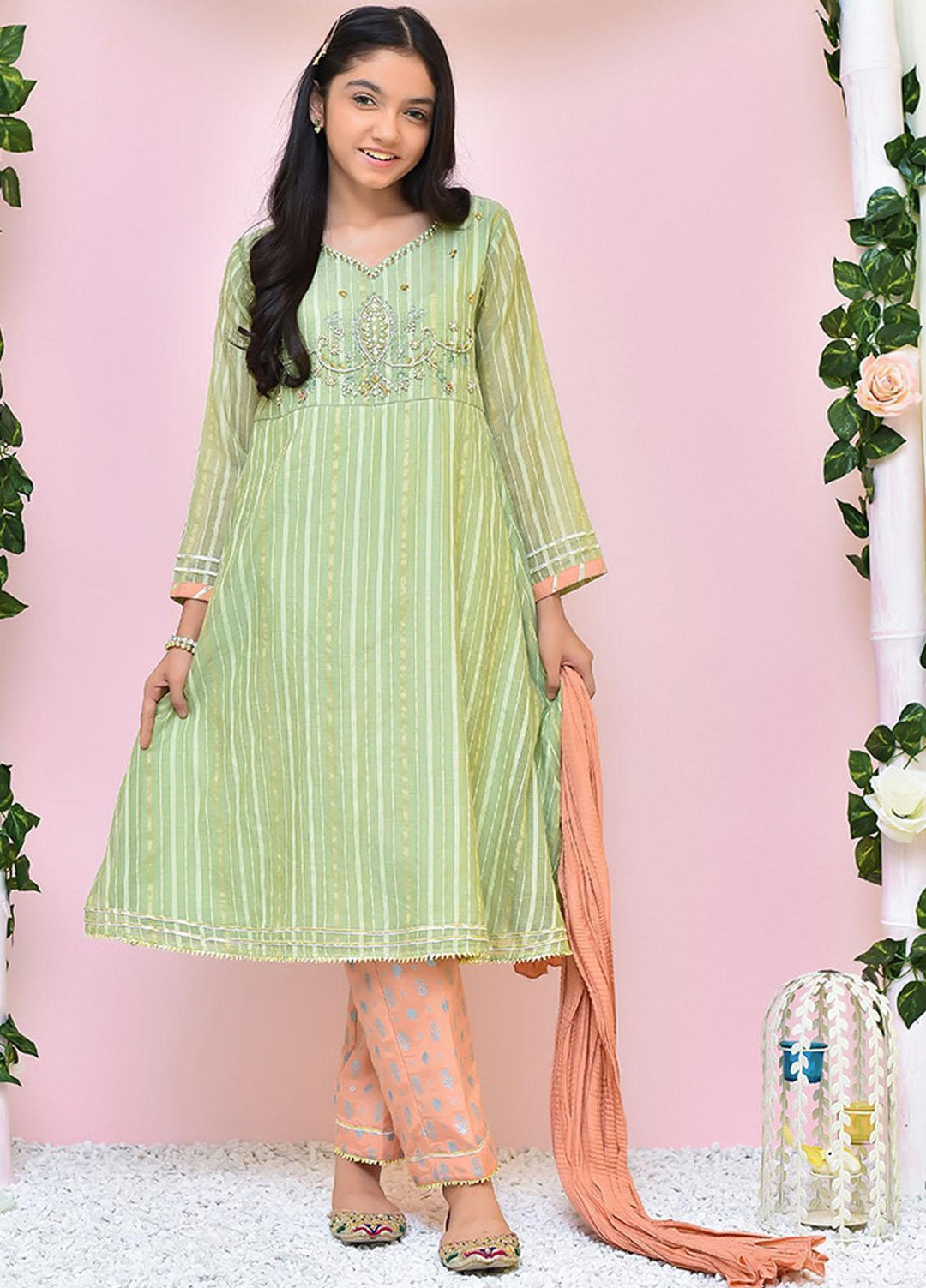 Ochre Organza 3 Piece for Girls - OFW-357 Pista Green