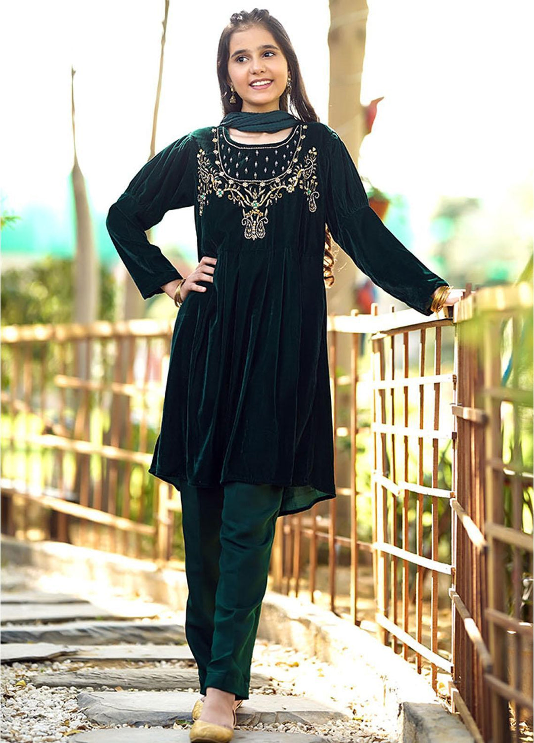 Ochre Velvet 3 Piece for Girls - OVF-17 Green