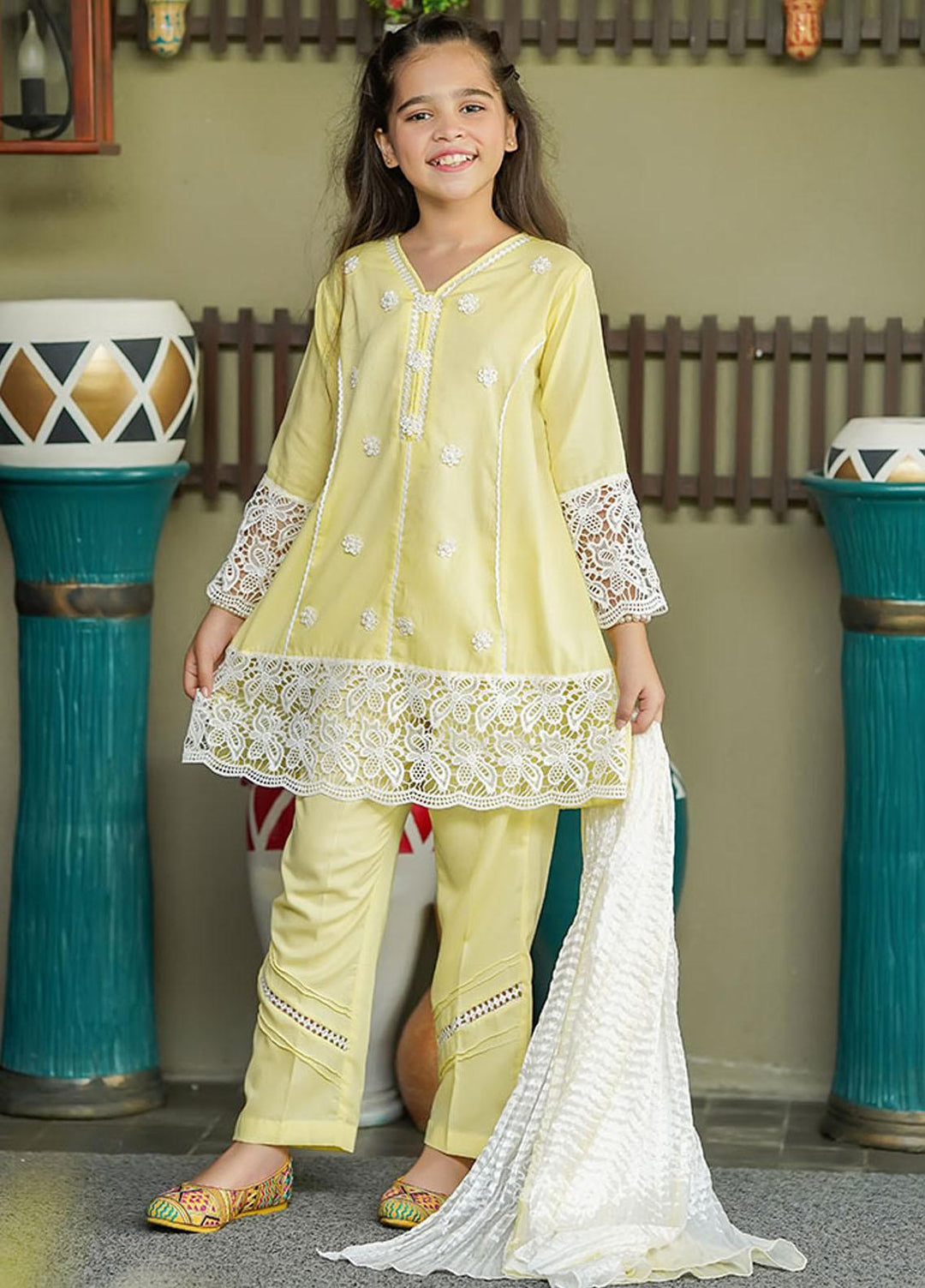 Ochre Cotton 3 Piece for Girls - OFK-808 Lime Yellow