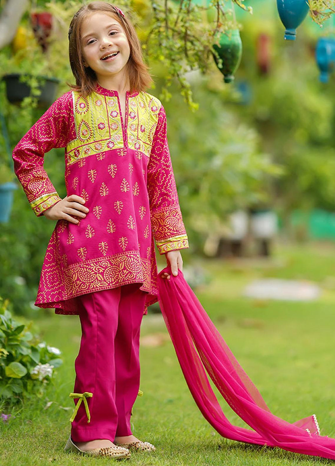 Ochre Cotton Girls 3 Piece - OFK-802 Hot Pink