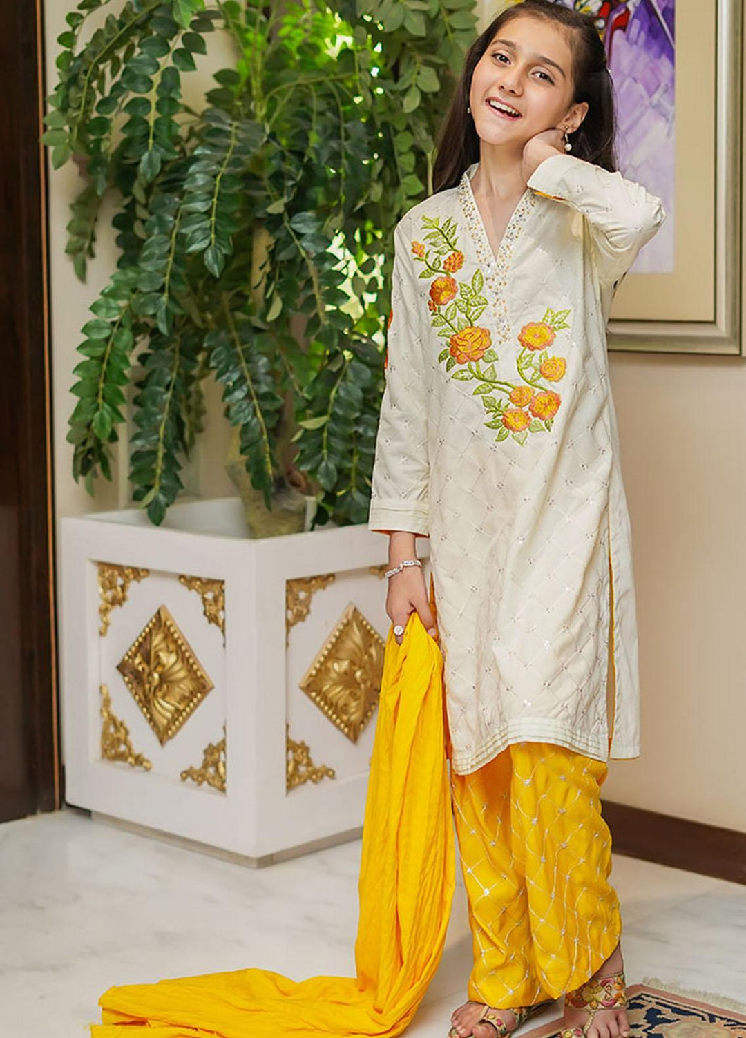 Ochre Cotton 3 Piece for Girls - OFW-363 Off White