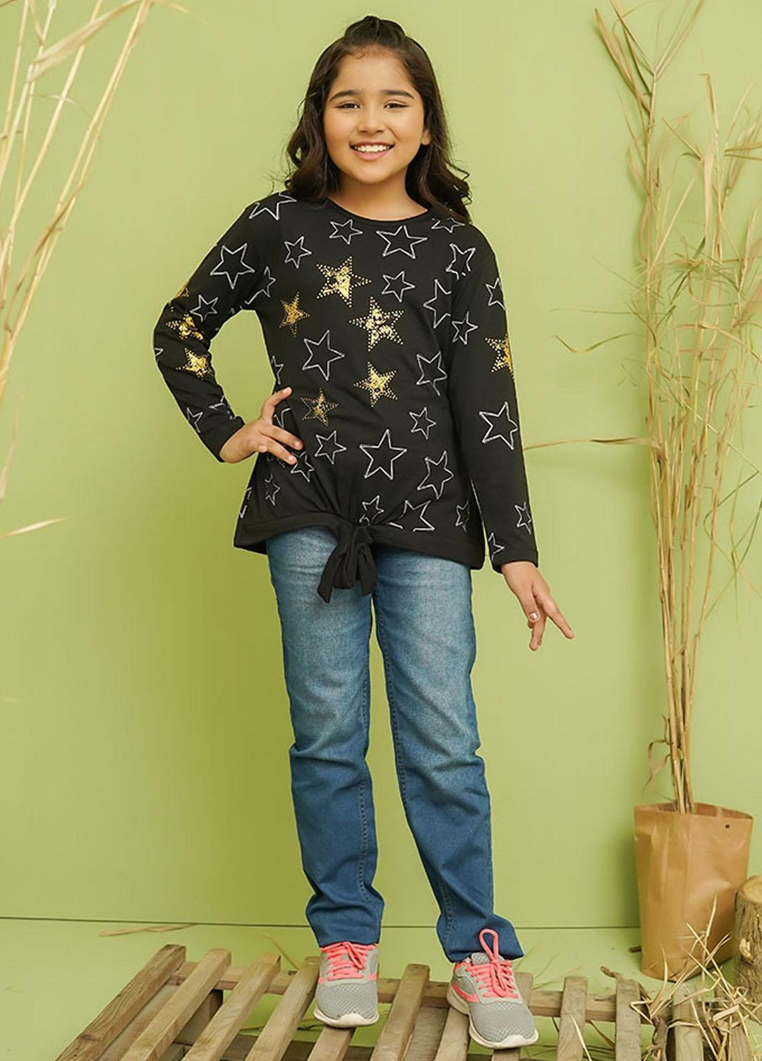 Ochre Cotton T-Shirt for Girls - OGK-118 Black
