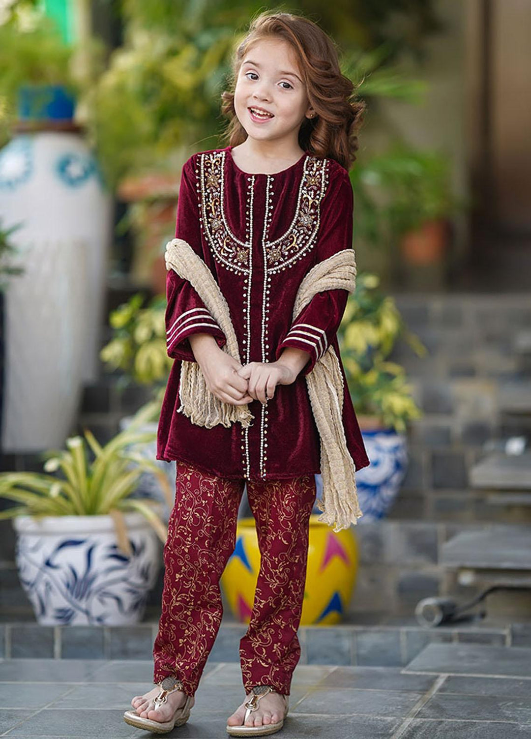 Ochre Velvet Girls 3 Piece - OVF-22 Maroon