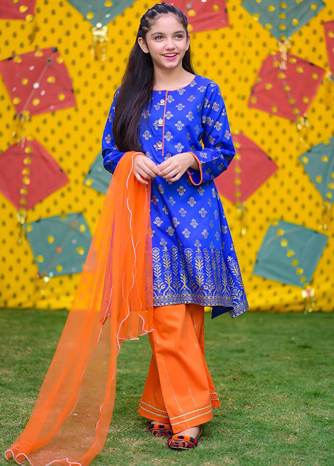 Ochre Cambric Printed 3 Piece for Girls -  OFK 731