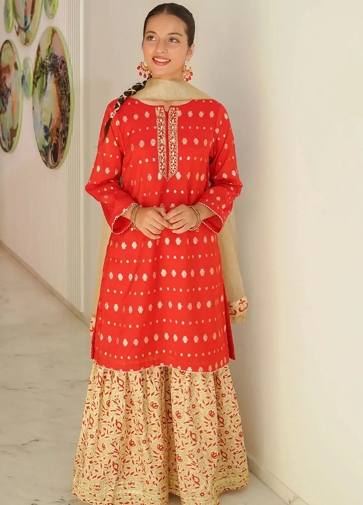 Ochre Pret Jacquard Zari 3 Piece Suit SHD-08