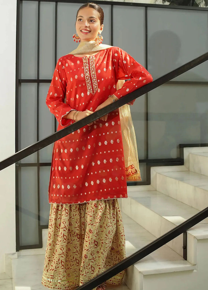 Ochre Pret Jacquard Zari 3 Piece Suit SHD-08