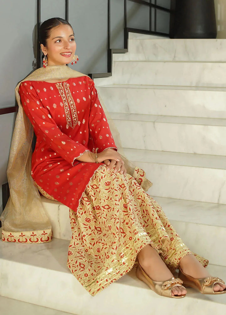 Ochre Pret Jacquard Zari 3 Piece Suit SHD-08