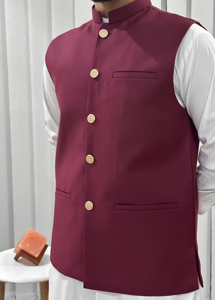 Off White Kurta Shalwar with Maroon Waistcoat
