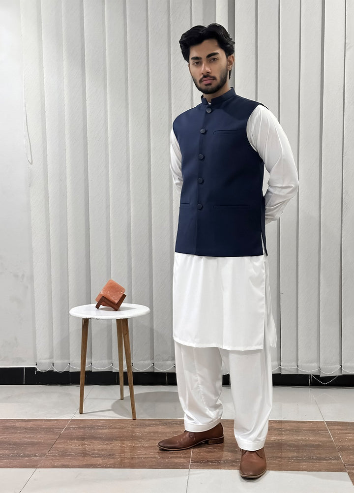 Off White Kurta Shalwar with Navy Blue Waistcoat