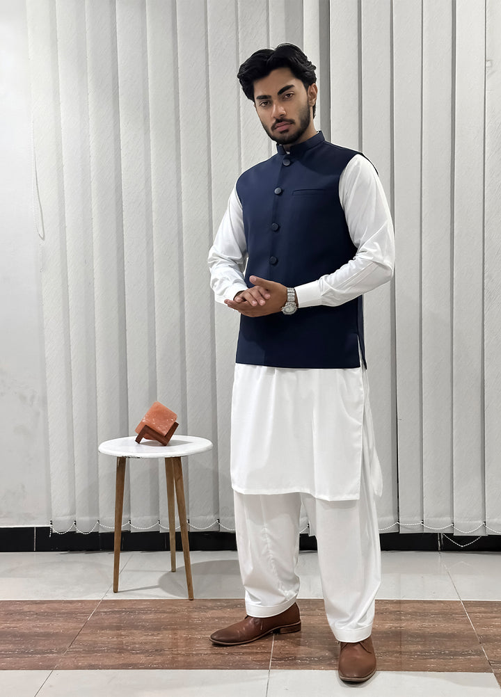 Off White Kurta Shalwar with Navy Blue Waistcoat
