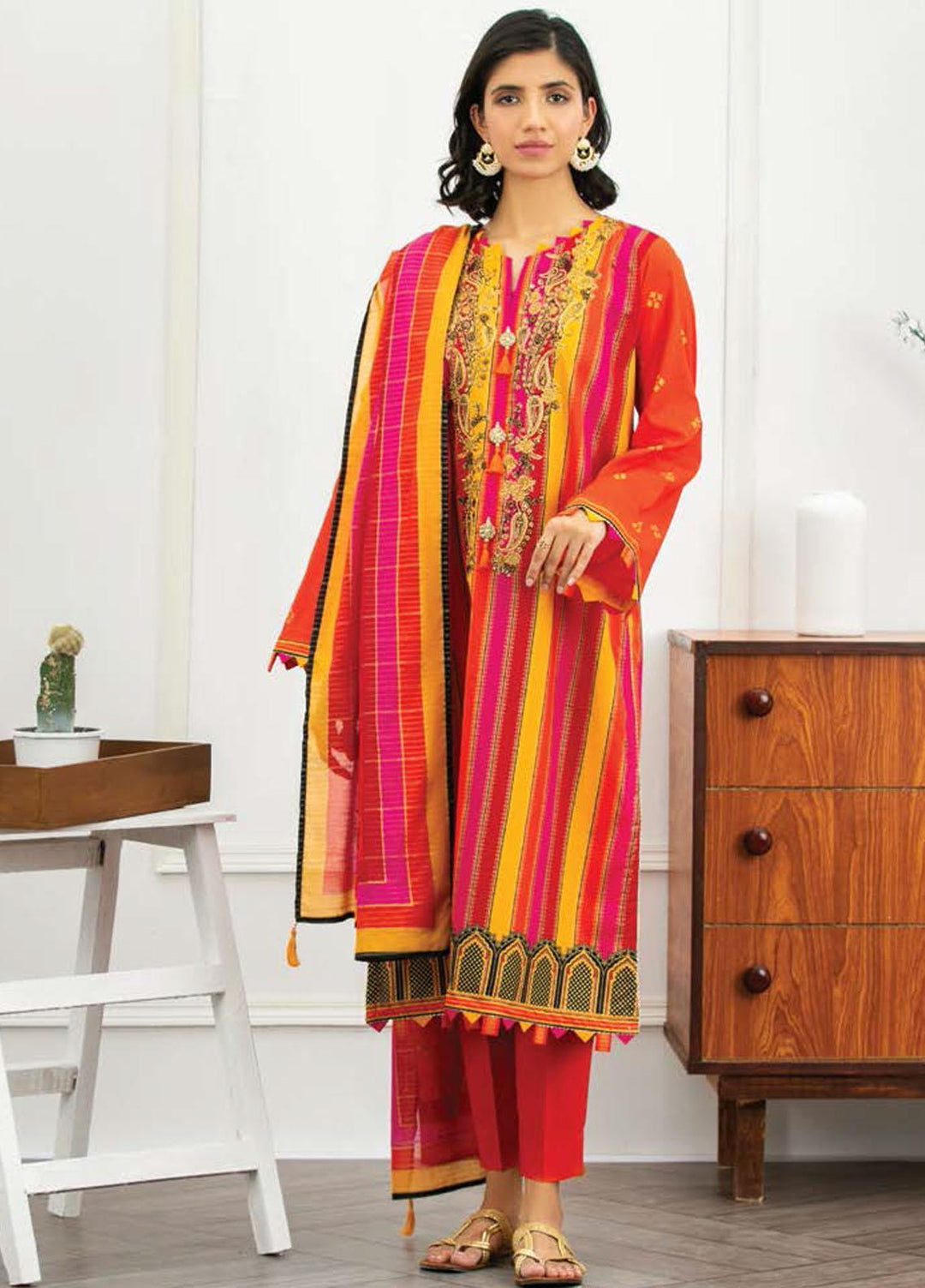 Ayeleen By Orient Textile Embroidered Lawn Suits Unstitched 3 Piece OT21A 163 ( ORANGE ) - Summer Collection