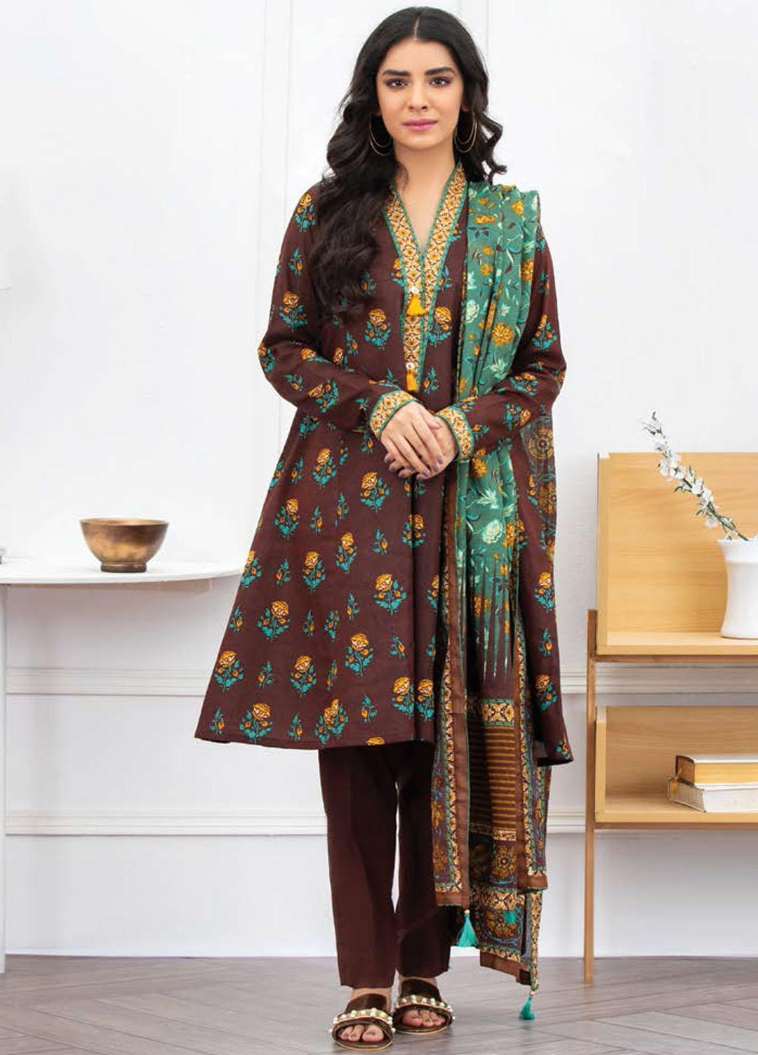 Ayeleen By Orient Textile Printed Lawn Suits Unstitched 3 Piece OT21A 179 ( BROWN ) - Summer Collection