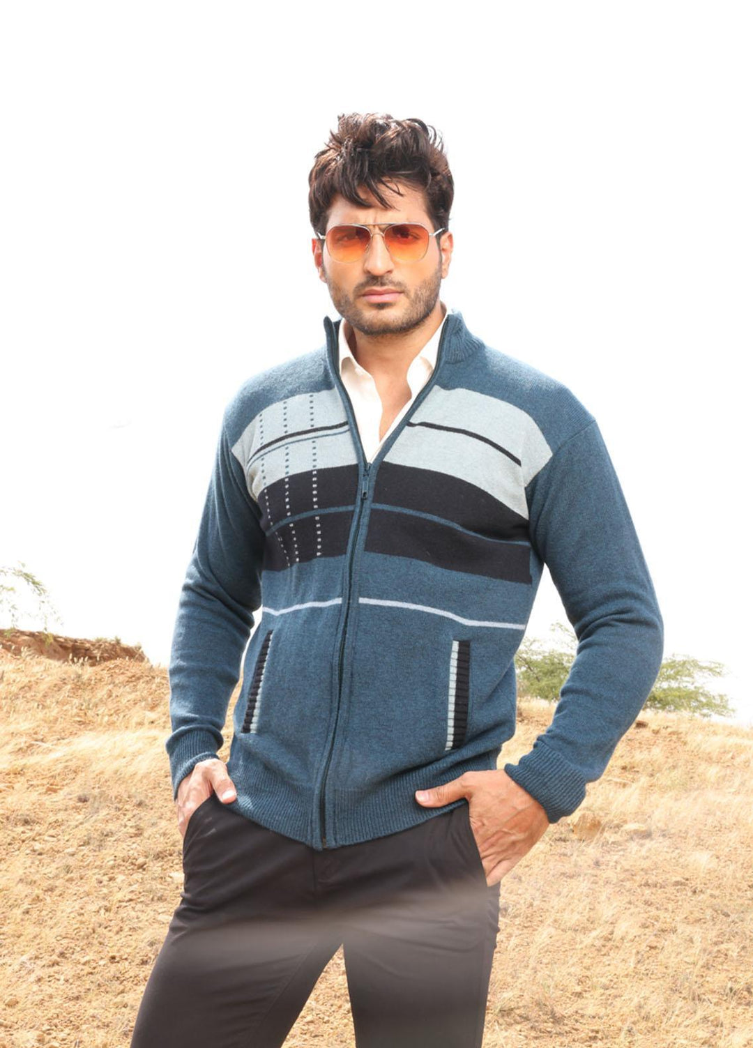 Oxford Woolen Full Sleeves Men Sweaters - 623 FS ZIP PETROL