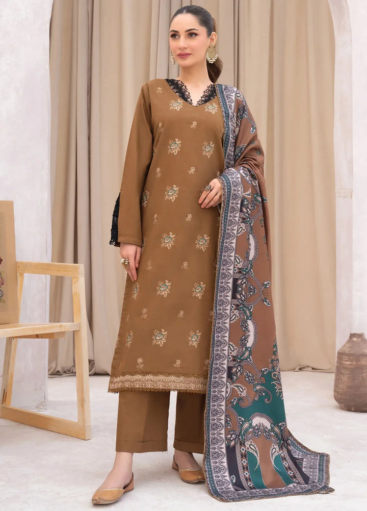 Panache Apparel Pret Embroidered Khaddar 3 Piece Suit Caramel