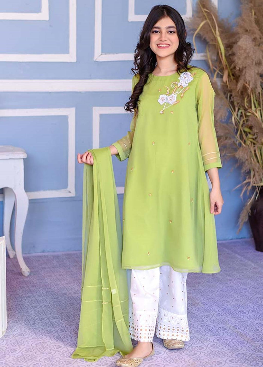 Ochre 3 Piece for Girls - Parrot Green Chiffon 3 Pc Suit OFW-322
