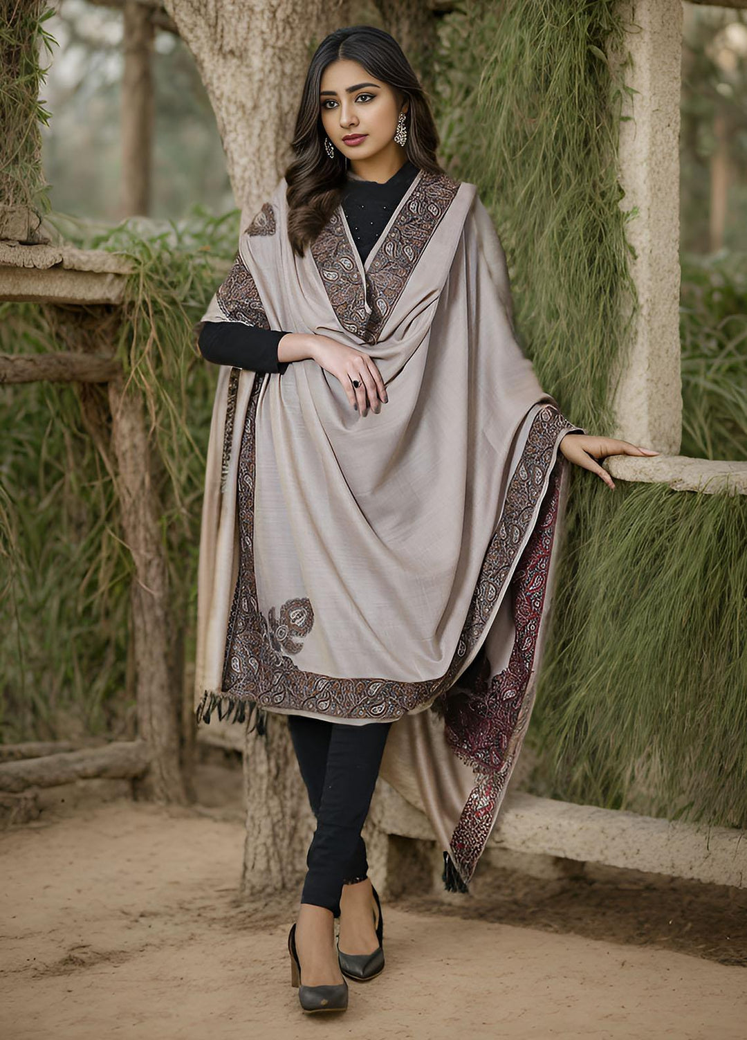 Sanaulla Exclusive Range  Pashmina  Mama D-18 Beige - Women Shawls