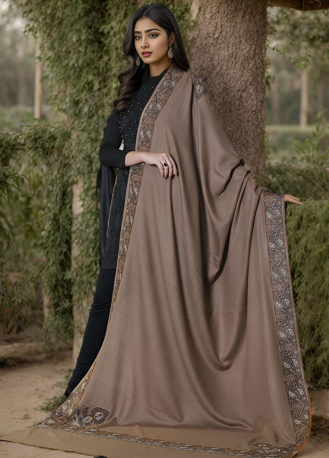 Sanaulla Exclusive Range  Pashmina  Mama D-18 D Brown - Women Shawls