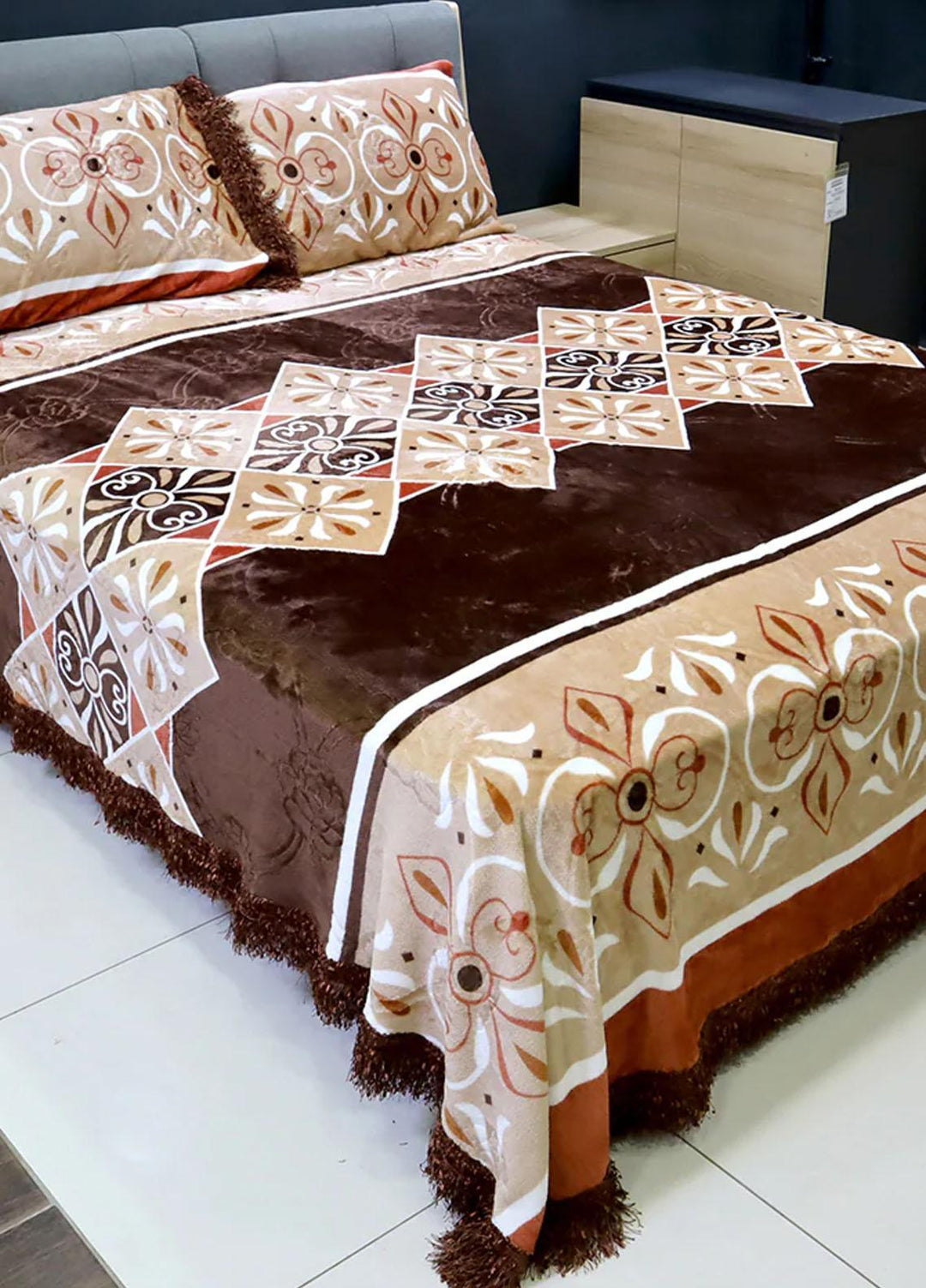 Plush Mink Bed Sheet Fluffy 3 Pieces Bed Set- Orange and Brown - Plush Mink Blankets & Bed Sets