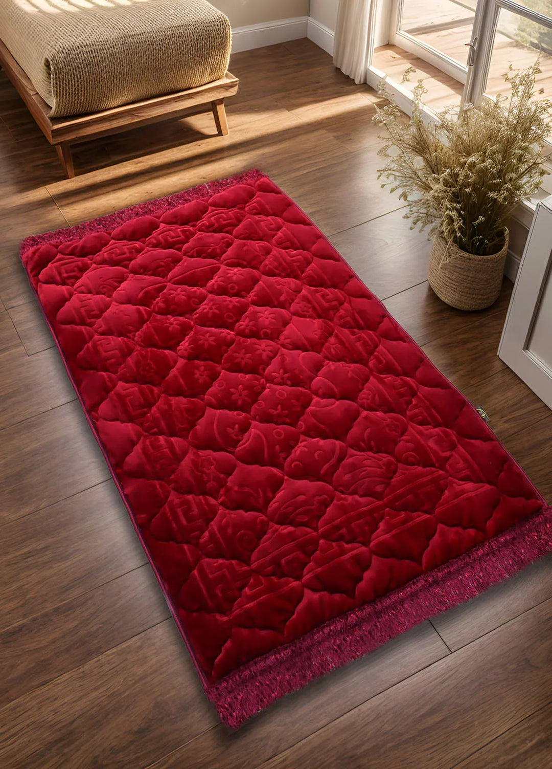 Plush Mink Mughal Janamaz Embossed Prayer Mat- Ruby
