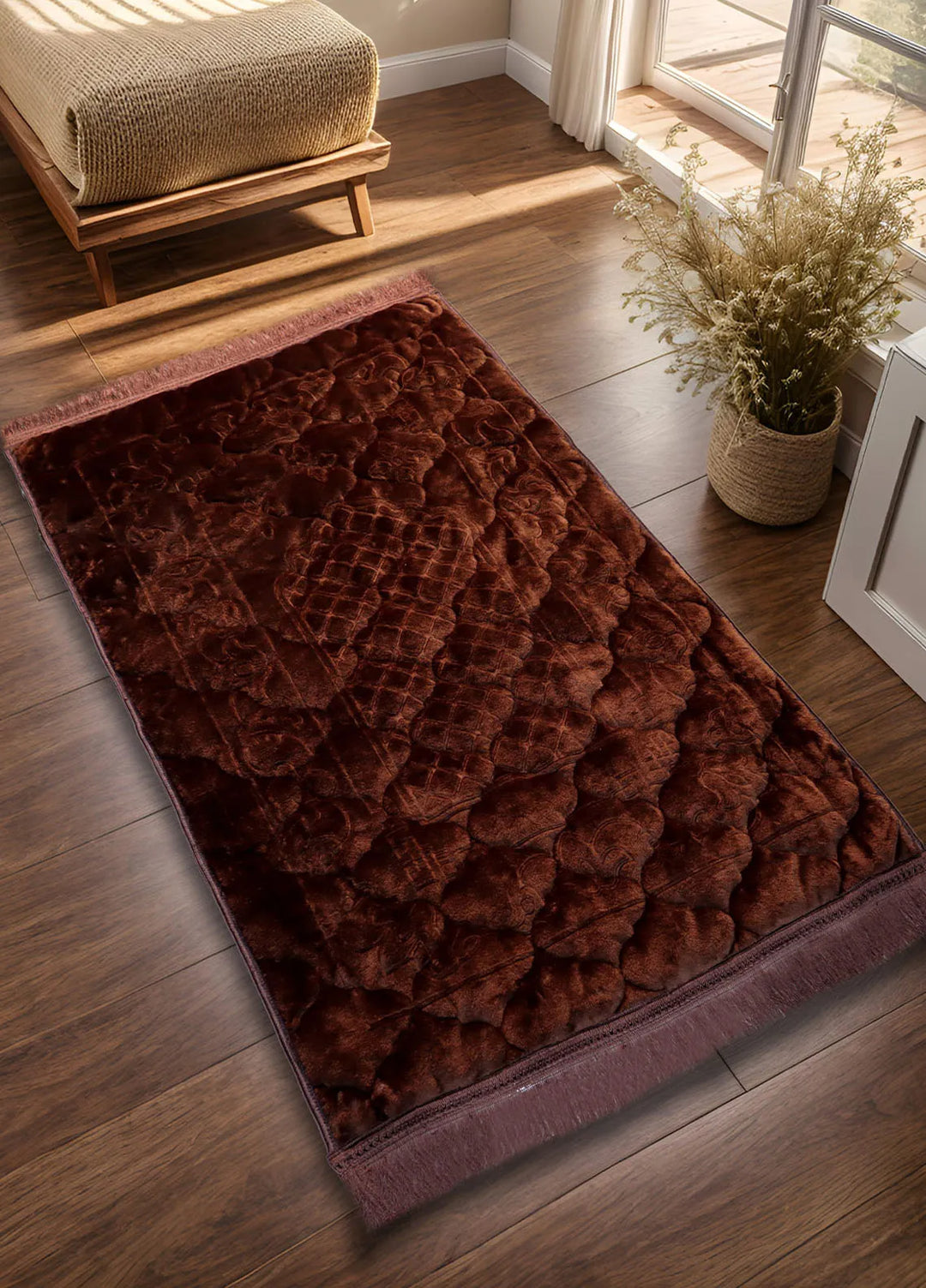 Plush Mink Mughal Janamaz Embossed Prayer Mat- Sepia