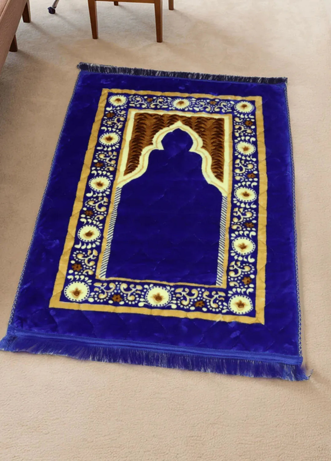 Plush Mink Mughal Janamaz Printed Prayer Mat- Azure