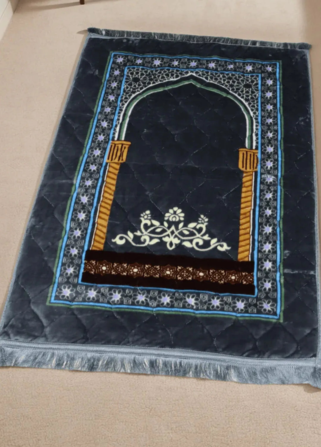 Plush Mink Mughal Janamaz Printed Prayer Mat- Granite