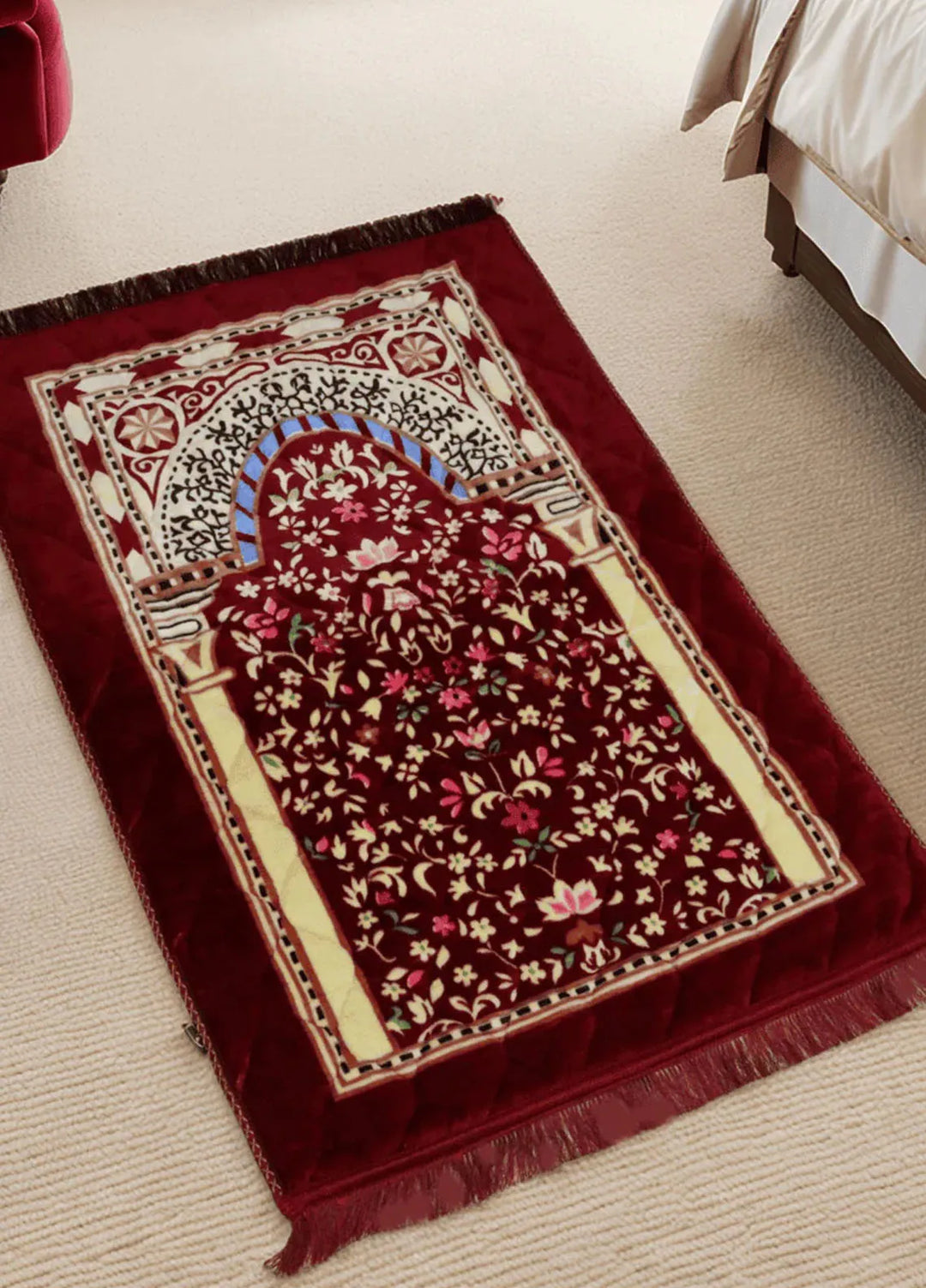 Plush Mink Mughal Plus Cloudy Janamaz Prayer Mat Crimson Dusk