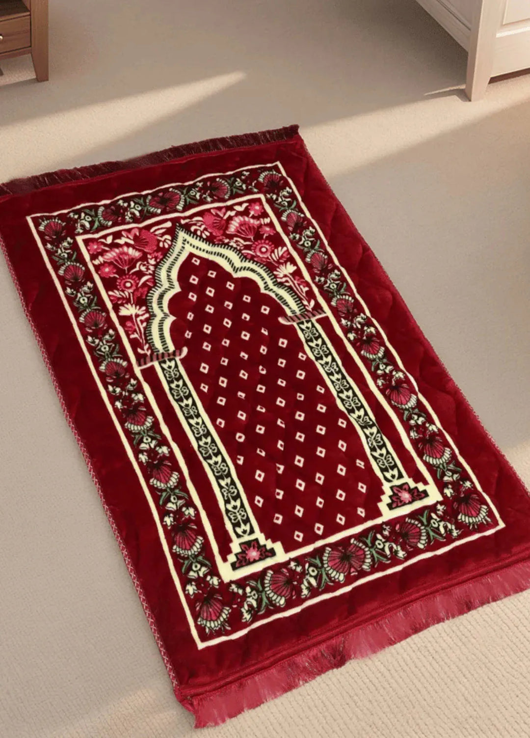 Plush Mink Mughal Plus Cloudy Janamaz Prayer Mat Deep Wine