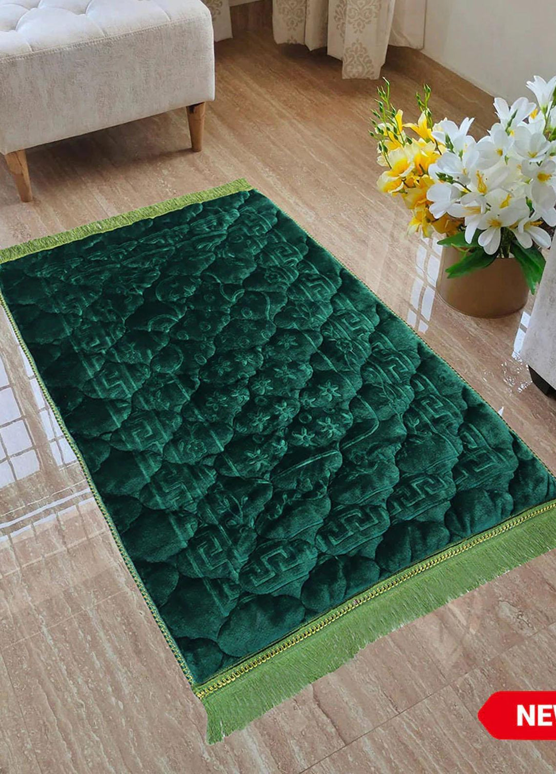 Plush Mink Mughal Janamaz Prayer Mat- Emerald - Prayer Mats