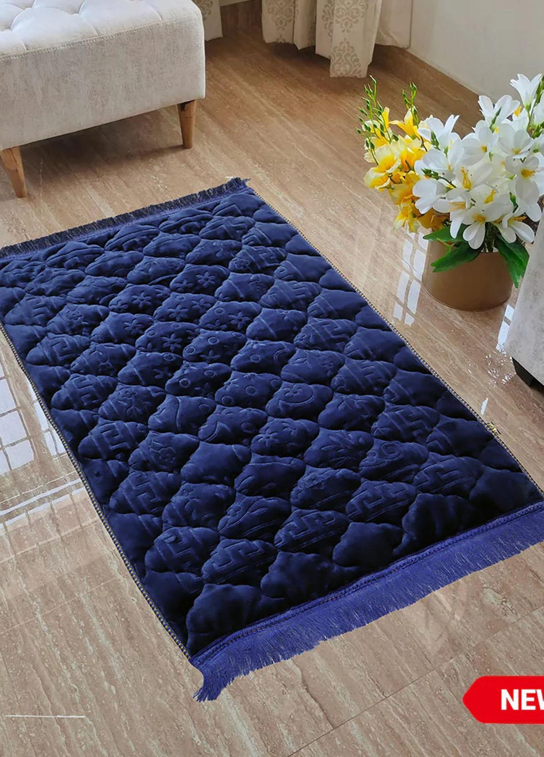 Plush Mink Mughal Janamaz Prayer Mat- Navy Blue - Prayer Mats