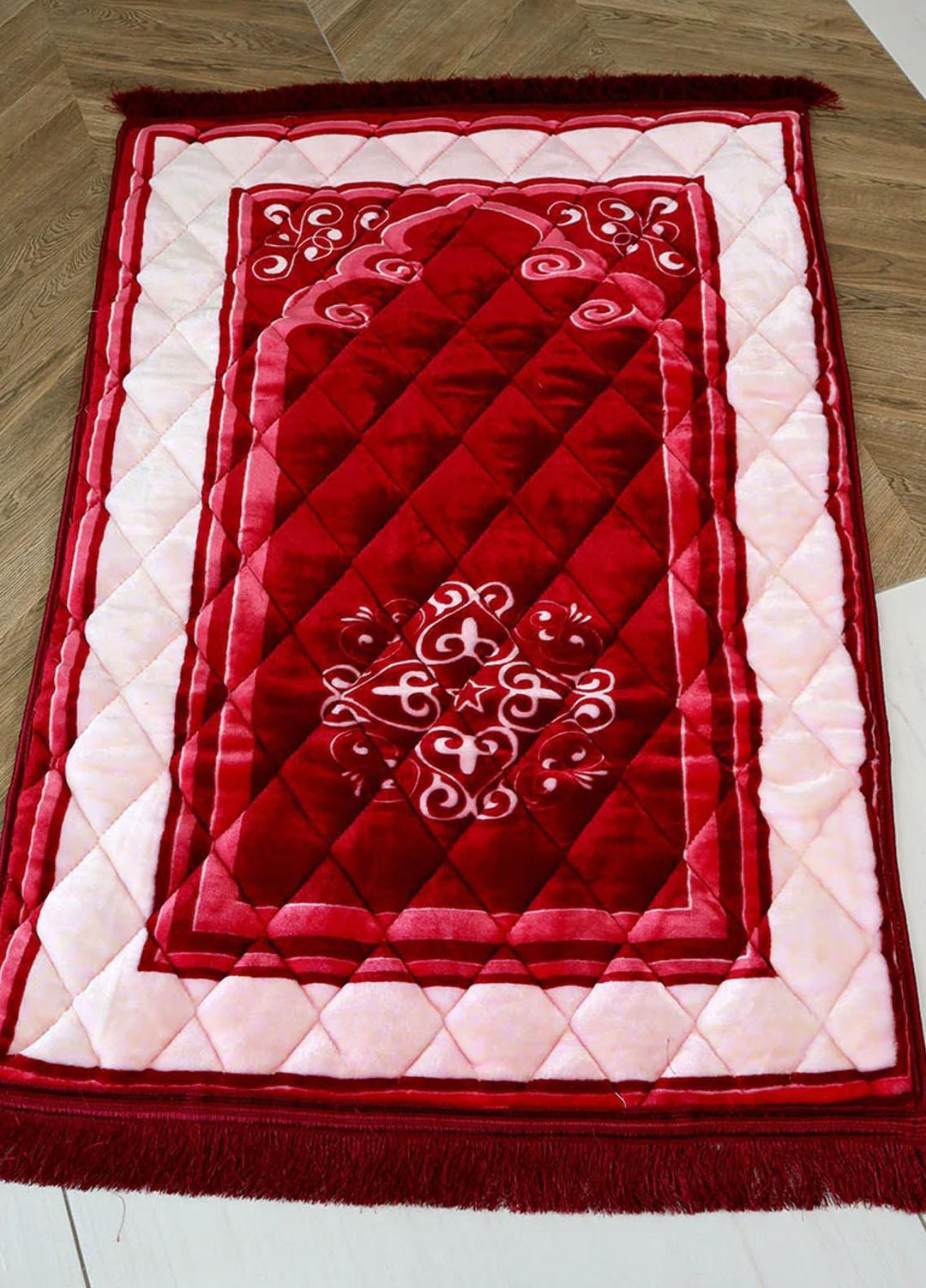 Plush Mink Mughal Janamaz Printed Prayer Mat- Cherry - Prayer Mats