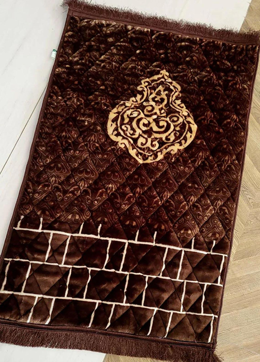 Plush Mink Mughal Janamaz Printed Prayer Mat- Qibla Brown - Prayer Mats