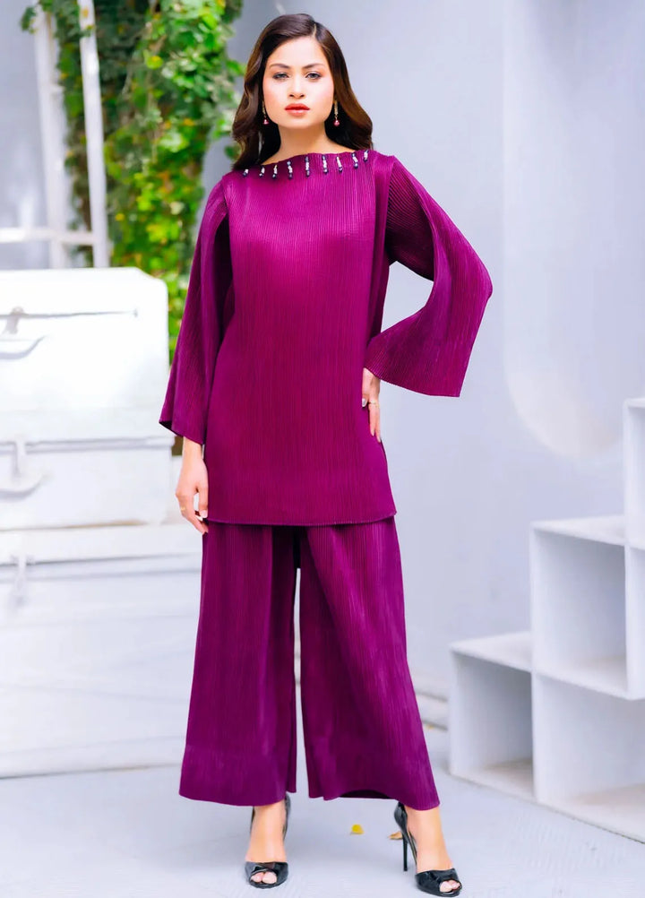 PSK Couture Pret Casual Silk 2 Piece Suit Violet Velvet