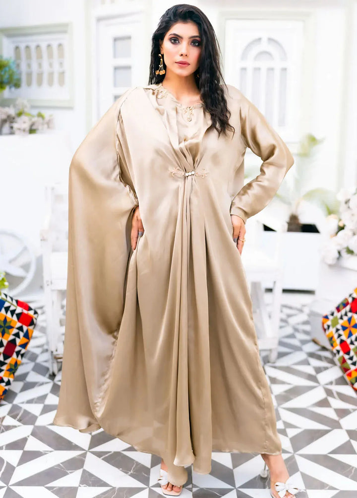 PSK Couture Pret Embellished Fine Silk Kaftan Golden Haze