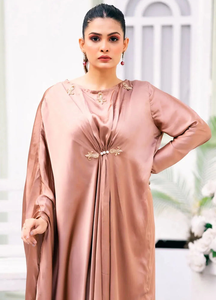 PSK Couture Pret Embellished Fine Silk Kaftan Whispering Rose
