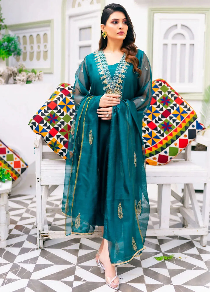 PSK Couture Pret Embroidered cotton net 3 Piece Suit Teal Tempest