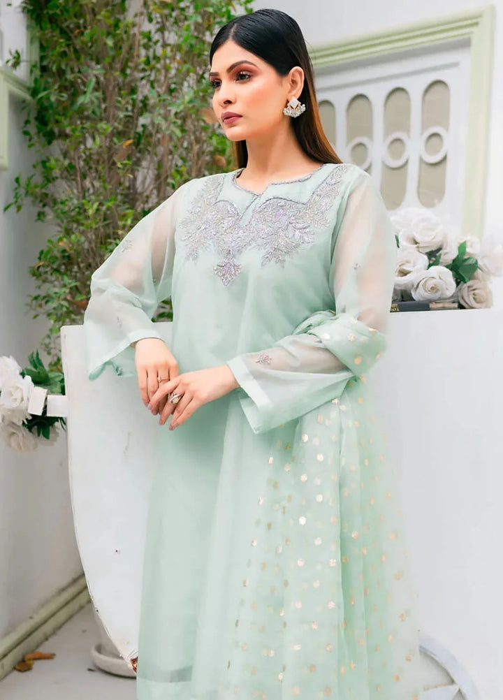 PSK Couture Pret Embroidered Organza 3 Piece Suit Aqua Breeze