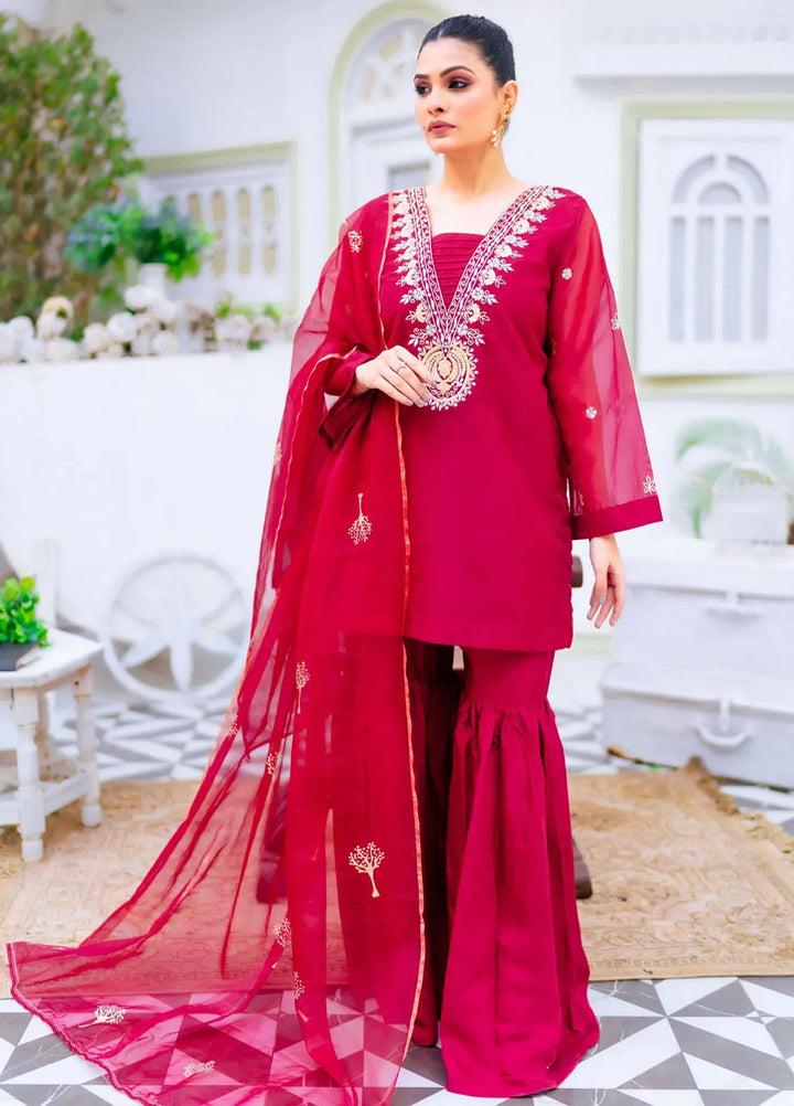 PSK Couture Pret Embroidered organza 3 Piece Suit Scarlet