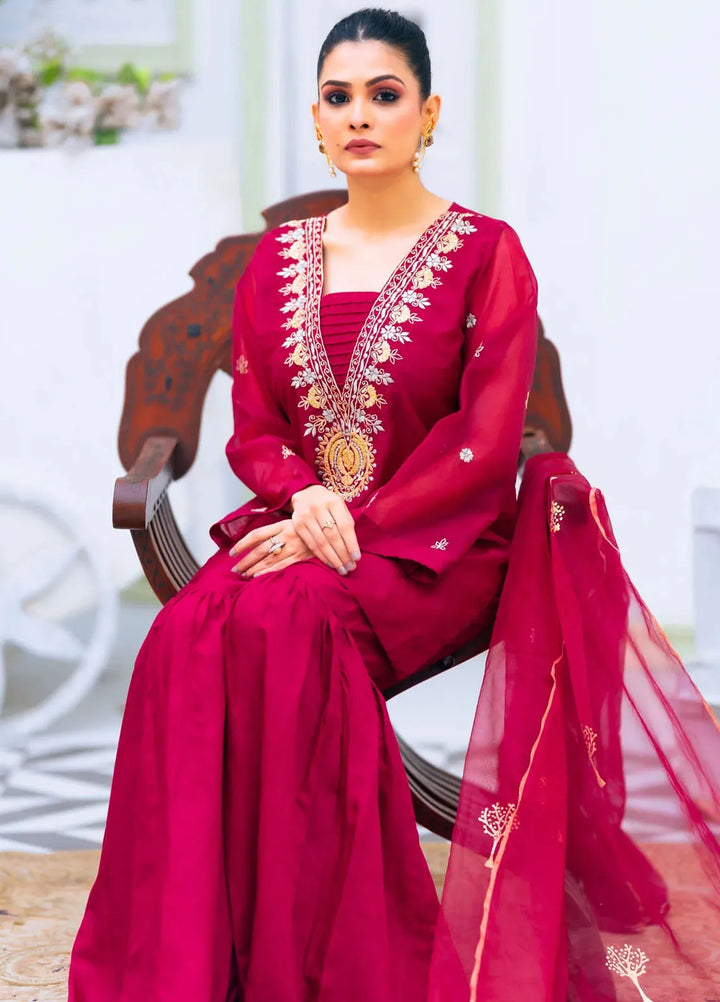 PSK Couture Pret Embroidered organza 3 Piece Suit Scarlet