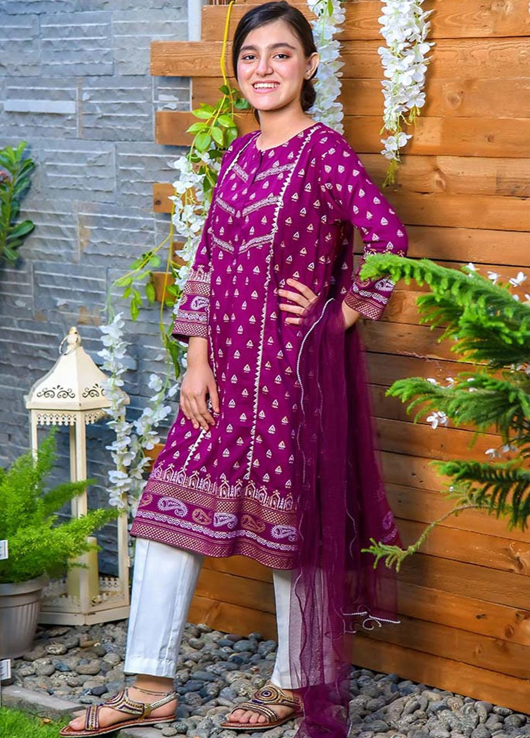 Ochre 3 Piece for Girls - Purple Cotton 3 Pc Suit OFK-730